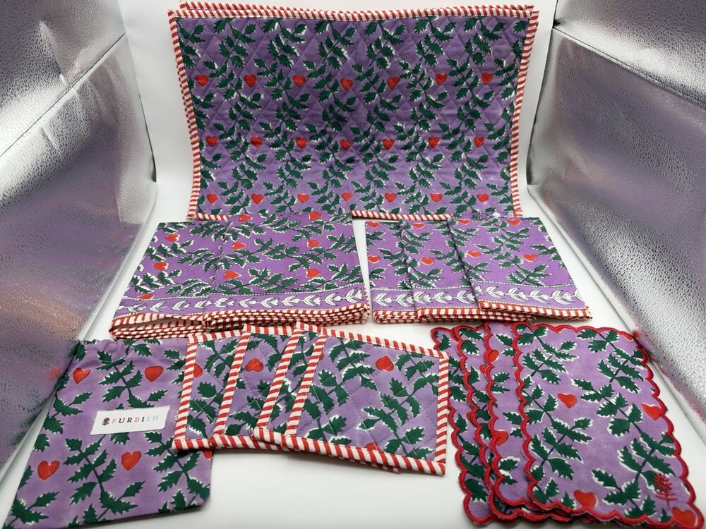Furbish Studio Colby Print Quilted Table Linens 17 Pcs Purple Green Scallop Trim